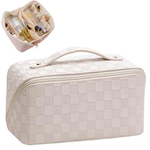 Cessfle Large Capacity Travel Cosmetic Bag, Travel Makeup Bag, Checkered Makeup Bag Open Flat Toiletry Bag Leather Waterproof Flat Lay Makeup Organizer Bag with Handle and Divider for Women Cessfle Large Capacity Travel Cosmetic Bag, Travel Makeup Bag, Checkered Makeup Bag Open Flat Toiletry Bag Leather Waterproof Flat Lay Makeup Organizer Bag with Handle and Divider for Women
