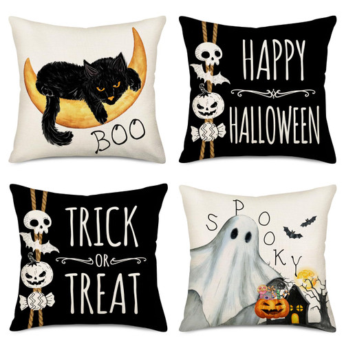 Fukeen Happy Halloween Pillow Covers 18x18 Inch Set of 4 Trick or Treat Spooky Boo Ghost Horror Pumpkin Cat Bat Skull Fall Farmhouse Decor Throw Pillow Cases Black and White Halloween Pillows