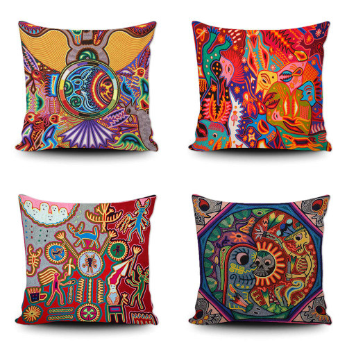 SVITFAMLI Set of 4 Throw Pillow Covers Mexican Huichol Decorative Pillow Case Home Decor Square 16 X 16 Inches Pillowcase for Sofa Couch