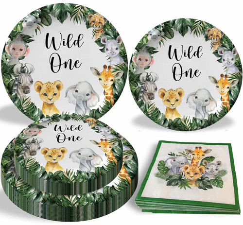 Yuzioey Wild One Birthday Decorations, Safari Jungle Animals Wild One Birthday Tableware for 24 Guests, Safari Theme First Birthday Party Supplies Tableware, Paper Plates, Napkins, Dessert Plate