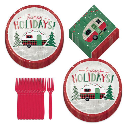 HOME & HOOPLA Christmas Camper Holiday Van Paper Dinner Plates, Lunch Napkins, and Forks (Serves 16)