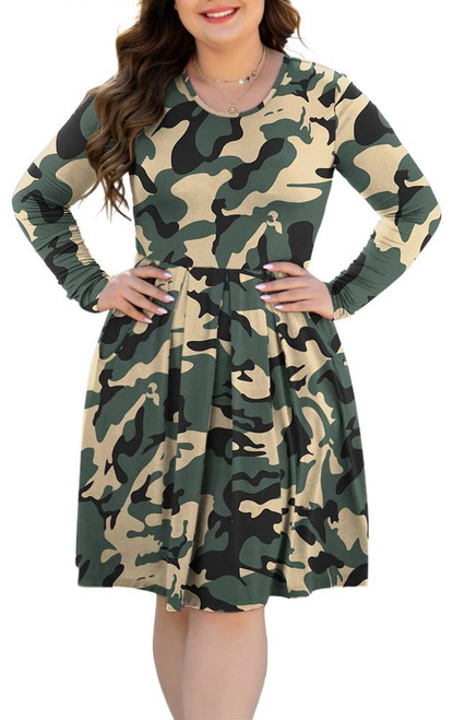 HAOMEILI Women's Plus Size Long Sleeve Pleated Causal Swing Dress with Pockets for Party 5XL Camo