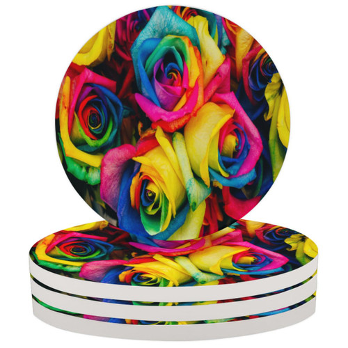 Colorful Rose Flower Coasters for Drinks, Set of 4 Absorbent Round Ceramic Coasters Cork Backing Tabletop Protection Mat for Cold Drinks Wine Mugs Cups Wooden Table Decor