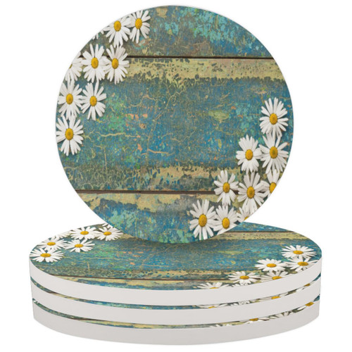 Flower Daisy On Wood Coasters for Drinks, Set of 4 Absorbent Round Ceramic Coasters Cork Backing Tabletop Protection Mat for Cold Drinks Wine Mugs Cups Wooden Table Decor