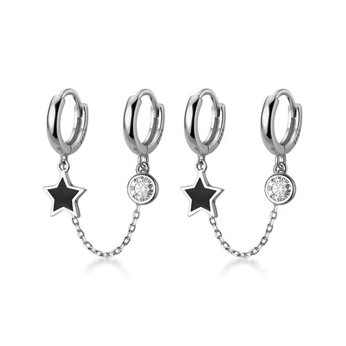 SLUYNZ 925 Sterling Silver Black Star Double Hoop Earrings Chain for Women Teen girls CZ Double Piercing Earrings Huggie Earrings (A-Silver)