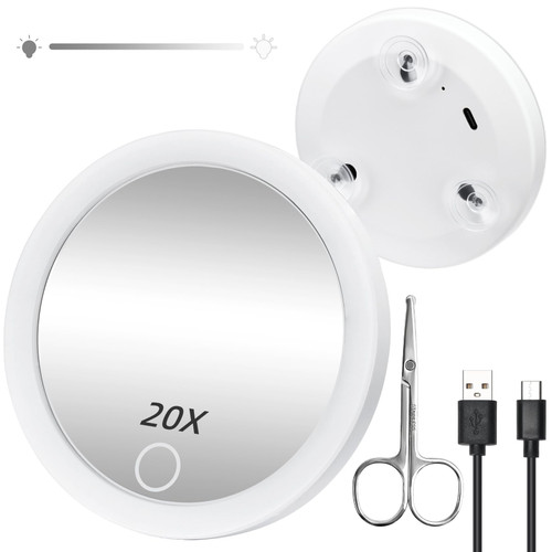 Makeup Magnifying Mirror with Light 4" Rechargeable Travel Mirror 20X Magnification Makeup Mirror with Lights & Suction Cups, Lighted Hand Mirror with Magnification Dimmable Compact Mirror with Light