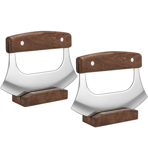 2 Sets Mezzaluna Ulu Knife Salad Veggies Rocker Chopper Slicer Cutter Mezzaluna Knife Cleaver Chopping Salad Chopper Tool Blade with Wooden Display Stand for Chef Cutting Kitchen