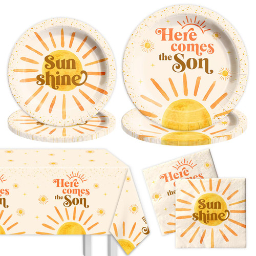 Here Comes the Son Baby Shower Decorations-Retro Sunshine Boy 1st Birthday Tableware Boho Sun Here Comes the Son Plates and Napkins Set