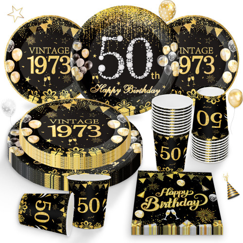 50th Birthday Party Decor Tableware Vintage 1973 Party Supplies 50 Year Old Birthday Party Decorations Plates Napkins Cups Black Gold Dinnerware Favors for Men Women Sever 24 Guests