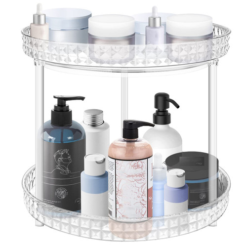SPLF 2 Tier Lazy Susan Bathroom Organizer, 9.25 Inch Clear Spice Rack Turntable for Cabinet, Detachable Lazy Susan for Refrigerator, Decorative Rotating Perfume Organizer for Makeup, Skincare