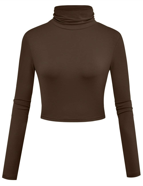 Herou Turtleneck Women Long Sleeve Crop Top Soft Lightweight Tops Cappuccino Brown X-Small