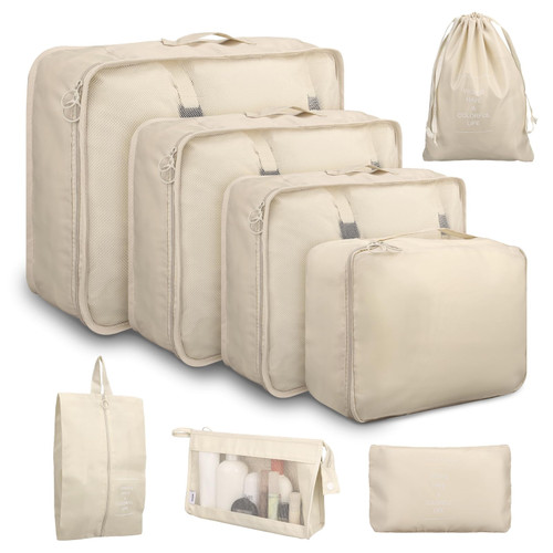 8 Set Packing Cubes Luggage Organizer Bags, Cream Packing Cubes for Carry on Suitcase for Travel Essentials Travel Accessories, Travel Bags Organizer for Luggage
