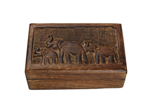 Ajuny Hand Carved Elephant Motif Hand Carved Mango Wooden Trinket Keepsake Chest Organiser Jewellery Box With Rustic Finish