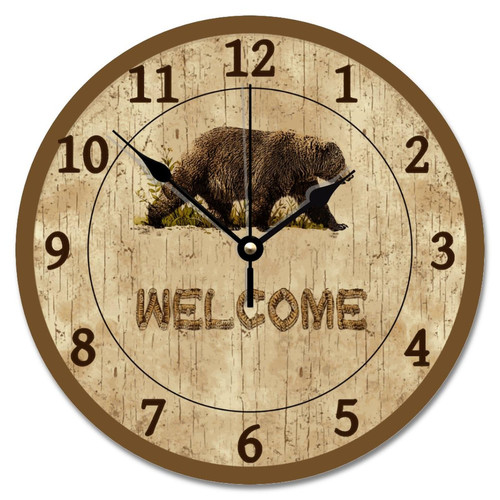 ArogGeld Vintage Bear Wall Clock Rustic Welcome Decor 10 Inch Battery Operated Large Decorative Silent Round Wood Hanging Clocks for Bedroom Living Room Clocks, One Size