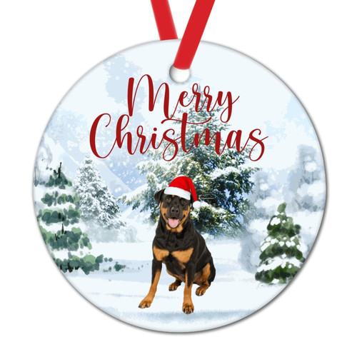 Merry Christmas Dog in Snow Decorative Hanging Ornaments Dog with Santa Hat Christmas Decorations for Tree German Shepherd Dog Round Ceramic Christmas Ornaments Keepsake