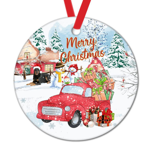 Farmhouse Red Truck in Snow Xmas Tree Ornament German Shepherd Dog Christmas Tree Decorations Merry Christmas Snowman Dog Round Ceramic Ornaments for Xmas Decorations