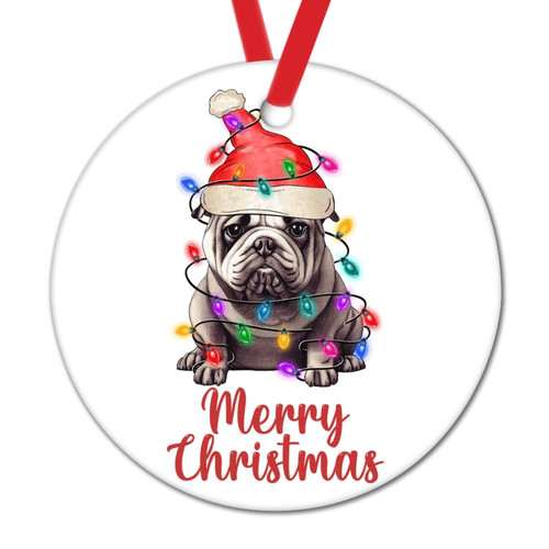 Merry Christmas Light Dog Xmas Tree Ornament Watercolor Dog with Santa Hat Christmas Tree Decoration Keepsake Belgian Shepherd Dog Porcelain Round Ceramic Christmas Ornament