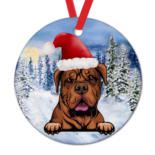 Watercolor Christmas Pet Decorative Hanging Ornaments Rottweiler Dog Funny Christmas Hanging Decor Peeking Dog with Santa Hat Christmas Keepsake Round Ceramic Xmas Ornaments