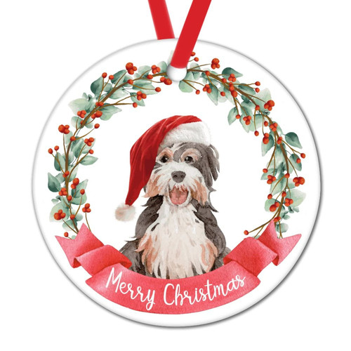 Dog Tree Decoration Ornaments Merry Christmas Wreath Dog Round Ceramic Christmas Tree Hanging Ornament Pet Dog with Santa Hat Christmas Party Supplies German Shepherd Ornaments