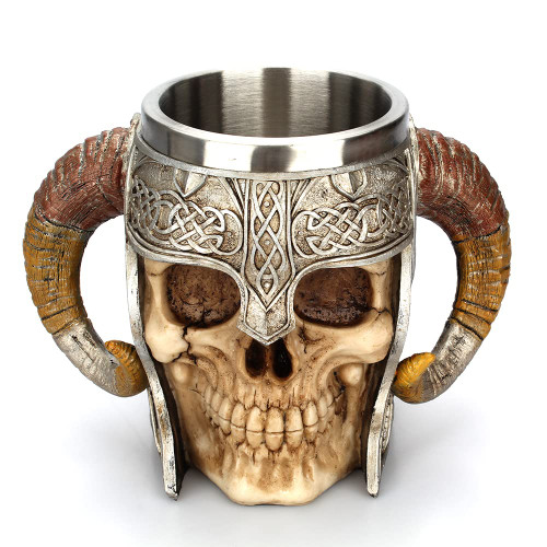 SAKKO Viking Warrior Skull Mug Tankard Stainless Steel Skull Mug Beer Mug Coffee/Beverage 18oz Viking Warrior Ram Horn Helmet mug