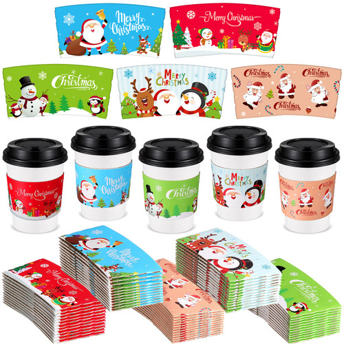 125 Pack Christmas Coffee Cup Sleeves Disposable Christmas Sleeves Paper Coffee Sleeves Holiday Tea Cup Sleeves Hot Chocolate Cocoa Cup Sleeves Jackets Holder for 12oz 16oz Coffee Cups (Santa)