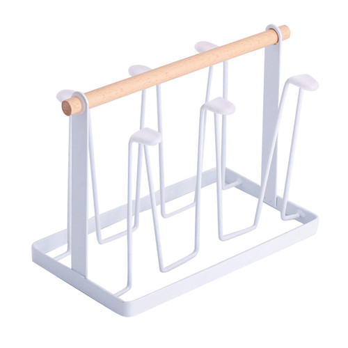 Bottle Drying Rack, Metal 6 Cup Mug Holder Cup Drying Rack Stand Metal Drainer Holder Rack Drinking Glass and Sports Bottle Drainer Stand with Wood Handle(White)