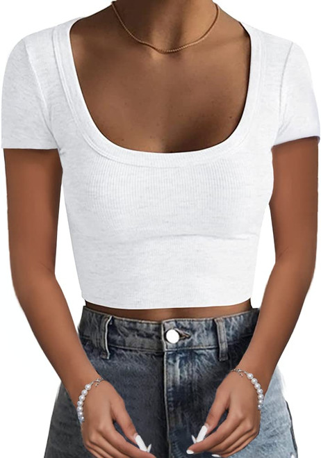 Women's Short Sleeve Square Neck Cropped T Shirts Slim Fit Ribbed Knit Basic Crop Tops (White, S)