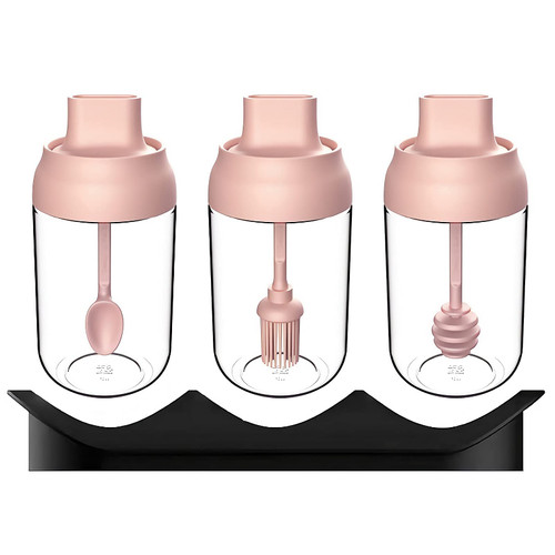 8.45oz Seasoning Box Glass Spice Jars Dispenser Set of 3 Round Transparent Spice Storage Container with Label and Base(Pink?