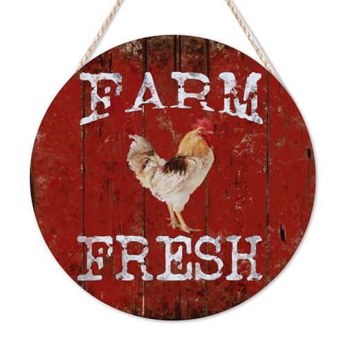 Arupkeer Welcome Sign Farm Fresh Rooster Round Wood Signs Rustic Farm Chicken Wood Plank Hanging Sign Wall Decor Farmhouse Rustic Wooden For Home Kitchen Living Room Table Housewarming Gift 14x14in