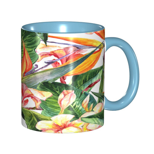 LIGUTARS Large Ceramic Coffee Mug, Tropical Porcelain Tea Cup, Exotic Flowers Bird of Paradise, 11oz, For Office and Home, Multy