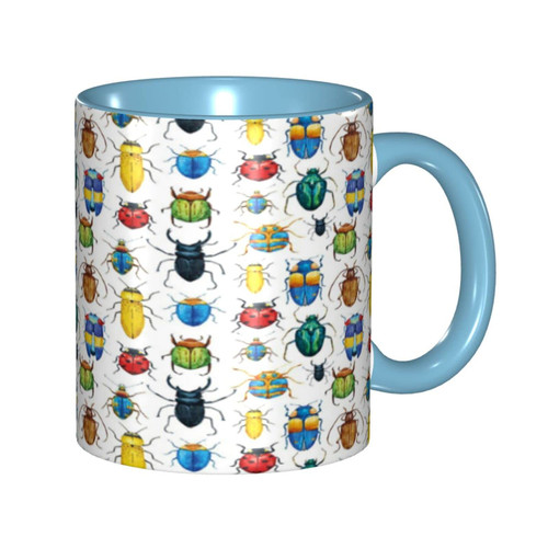 LIGUTARS Large Ceramic Coffee Mug, Watercolor Personalized Mug, Colorful Insects with Brush Strokes Effect Kinds of, 11oz, For Office and Home, Multicolor