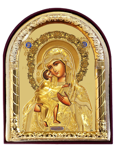 Catholic Orthodox Christian Madonna and Child Icon Virgin Mary Christ Jesus in Gold, Gold Foil Icon, Religious Gift, Arched Icon With Stand and Wall Hanging 4 1/16 Inch