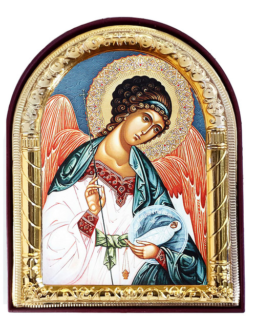 Needzo Guardian Angel Icon Angel With Baby, An Angel of Peace, a Guide and Guardian - Arched With Stand and it is Wall Hanging 4 1/16 Inch, Angels Day Icons Gifts