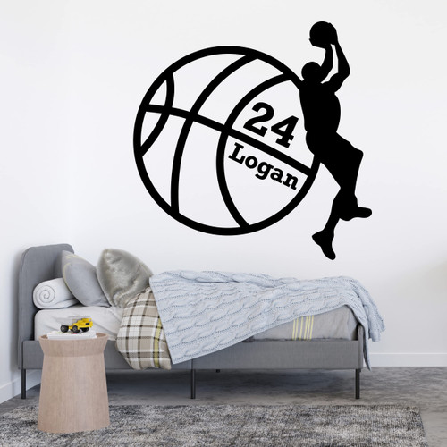 Personalized Wall Decals with Basketball Player Standing Next to Large Ball - Boys Name Wall Decal Car Decal Laptop Decal - Basketball Player Sticker for Sports Fans