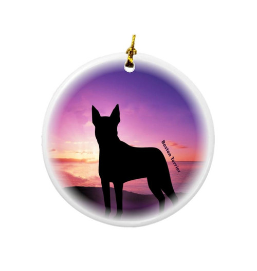 Rikki Knight Boston Terrier2 Dog at Sunset Design Round Porcelain Two-Sided Christmas Ornaments