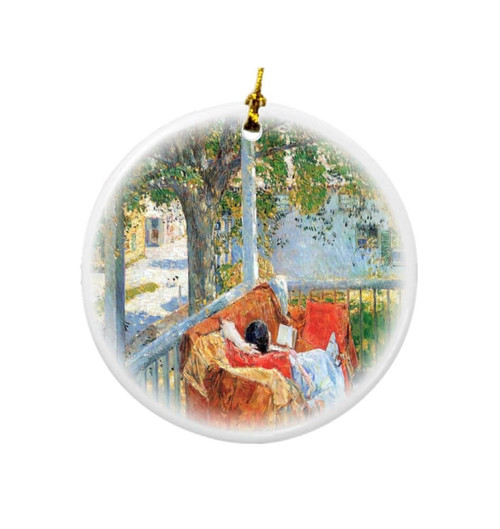 Rikki Knight Childe Hassam Art Couch and Veranda at Cos Cob Design Round Porcelain Two-Sided Christmas Ornaments