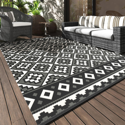 Outdoor Rug Waterproof 5x8 ft Outdoor Carpet Patio Rug Indoor Outdoor Area Rug for RV Camping Picnic Reversible Lightweight Plastic Straw Outside Rug for Patio Decor Decoration Boho Rug Black White