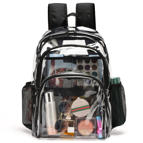 KUI WAN Clear Backpack, Clear Bag Stadium Approved Large Clear Backpack Heavy Duty PVC Transparent Clear Bag for Stadium,School,Black