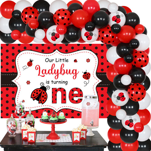 Ladybug First Birthday Decorations, Our Little Ladybug Is Turning One Balloon Garland Arch Kit with Backdrop for Girls Ladybug 1st Birthday Party Supplies