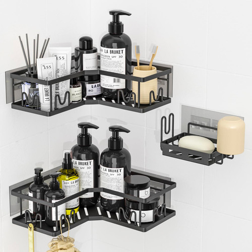 Ssylqwj Corner Shower Caddy, Shower Organizer Corner Shower Shelf, Self Adhesive Shower Shelves for Bathroom Shower Organizer Corner, Rustproof Shower Storage Racks for Inside Shower, Black 3-Pack