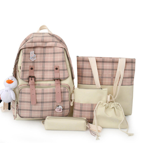 FUINUEIO 5PCS Backpack Set Plaid Check Kawaii Japanese Cute Shoulder Bag Pencil Case,Aesthetic School Backpacks For Girls