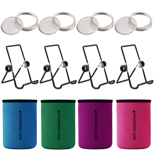 VOLCANOES CLUB Seed Sprouting Jar Germination Kit Accessories - Sprout Lids for Wide Mouth Mason Jar/Blackout Sleeves/Jar Stands - for Growing Broccoli, Bean Sprouts, Alfalfa, Microgreens (4 Pack)