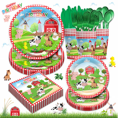 Piooluialy Farm Birthday Party Supplies Tableware Set - Farm Animal Party Decorations Include Dinner Plates, Cups, Napkins, Cutlery, Farm House Animal Barnyard Theme Party Supplies | Serves 24