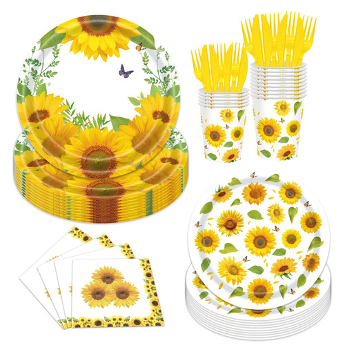 144PCS Sunflower Birthday Party Supplies Sunflower Party Decorations Sunflower Tableware Set Sunflower Plates and Napkins Cups Forks Knives for Sunflower Baby Shower Decorations Bridal Shower Serve 24