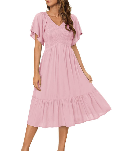 Zattcas Womens Short Flutter Sleeve V Neck Smocked Ruffle Midi Tiered Dress Dusty Pink S