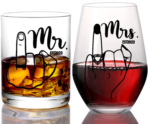 comfit Engagement Gifts for Couple - Funny Bridal Showeer Gifts,Wedding Gifts for New Couple,Finger Wine&Whiskey Glass,Glass Wine Gifts for Mr Mrs,Newlywed,His and Hers18.5,13.8OZ
