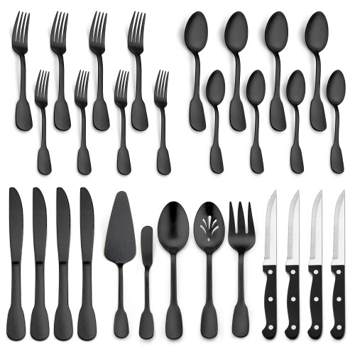 LIANYU 29-Piece Matte Black Silverware Flatware Set, Plus Steak Knives and Serving Utensils, Stainless Steel Flatware Cutlery Set for 4, Eating Utensils Tableware, Satin Finish, Dishwasher Safe