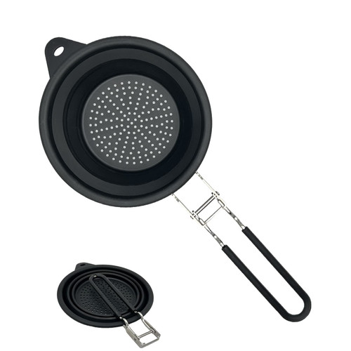 Silicone Collapsible Colander Strainer with Stainless Steel Handle - Home Kitchen Essentials Colander Strainer Drainer - Perfect for Draining Pasta Vegetables Fruits (Black)