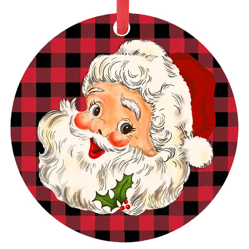 Santa Christmas Ornament 2021 Red Buffalo Plaid Christmas Decorations Vintage Santa Claus Christmas Tree Decor Indoor Unique Large Round Ceramics Xmas Keepsake Double-Side Winter