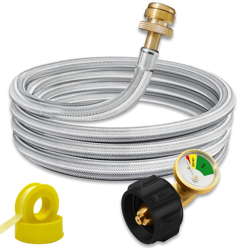 KILILIUN 6FT Braided Propane Hose Adapter with Gauge, 1lb to 20lb Propane Tank Stainless Steel Hose Converter for QCC1/Type1 LP Tank to Tabletop Grill, Propane Stove and More 1lb Portable Appliance